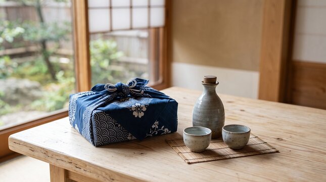 明るい木のテーブルに置いた風呂敷包みのふるさと納税の返礼品と日本酒と盃