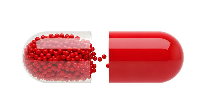 Red capsule pill with sugar coating isolated on white background