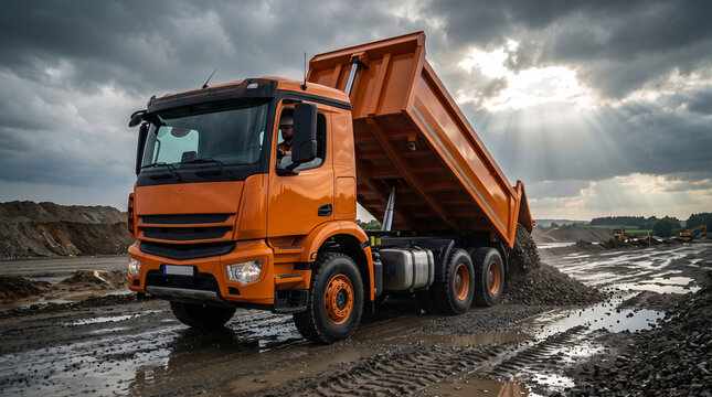 Orange dump truck unloading gravel on muddy ground at construction site