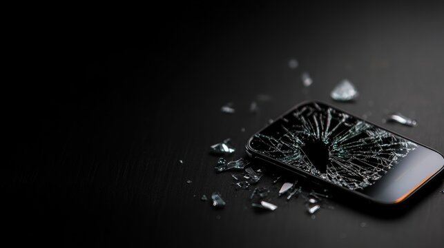 The image shows a smartphone with a severely shattered screen lying on a dark surface. Broken glass fragments are scattered around the device, indicating a recent impact or accident