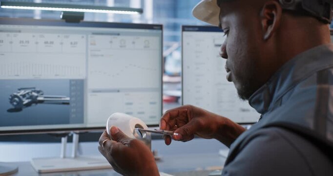 Engineer Measures Machined Metal Component With Caliper While Monitoring Tolerance Data on Dashboard, Precision Quality Control, Metrology Inspection, Robotic Manufacturing and Engineering Process.