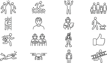 Fototapeta premium People and profession line art icons set with firefighter doctor diver family rescue and emergency elements