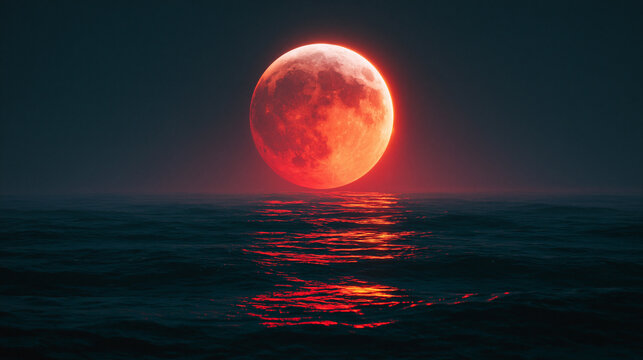 Red full moon rising over dark ocean waves creating glowing reflection on water surface under clear midnight sky night.