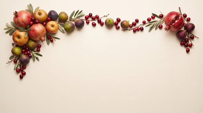 Autumn harvest border with pomegranates, figs, apples and berries, thanksgiving concept, copy space