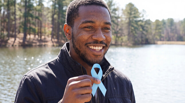 A confident young Black man with a thin mustache holds a light blue ribbon by a lake, great for peaceful Movember men's health awareness visuals.