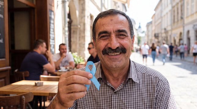 A confident Middle Eastern man with a full mustache holds a light blue ribbon at an outdoor cafe, perfect for Movember social awareness campaigns.