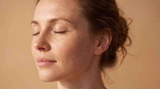 National Healthy Skin Month side profile of a peaceful young woman with eyes closed and glowing bare skin for mindfulness beauty content.