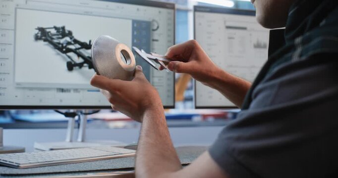 At High Tech Facility, Young Specialist Measures Metal Car Component with Vernier Caliper by Computer. Mechanical Prototyping and Industrial Automation Elevate Automotive Engineering Precision.