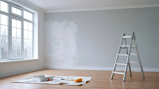 Room painting interior project with ladder paint roller and tray placed on floor near window for home renovation work now.