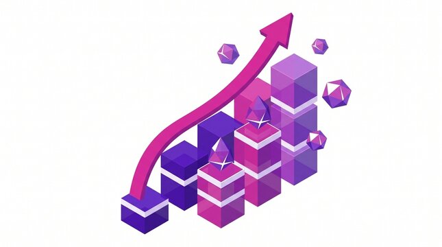 Isometric bar chart with growing trend arrow and floating crystal elements growth chart flat style