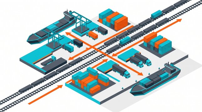 Isometric supply chain and global logistics shipping network illustration with cargo ship