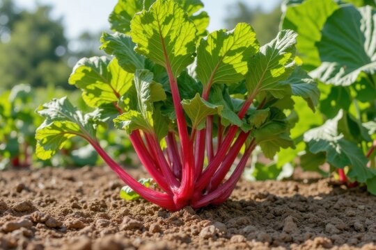 Rubarb-Pflanze mit leuchtend roten Stielen und &uuml;ppigen gr&uuml;nen Bl&auml;ttern auf einem sonnigen Feld