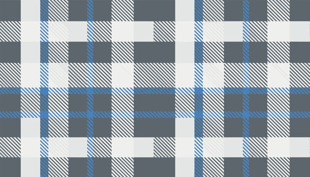 Seamless classic plaid tartan pattern in shades of grey, white, and blue for textile and background design.