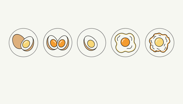 Five circular badges showing different styles of prepared eggs from boiled halves to sunny side up fried eggs.