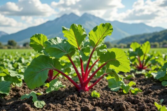 Rubarb-Pflanze auf einem sonnigen Feld mit roten Stielen, gr&uuml;nen Bl&auml;ttern und Berglandschaft im Hintergrund