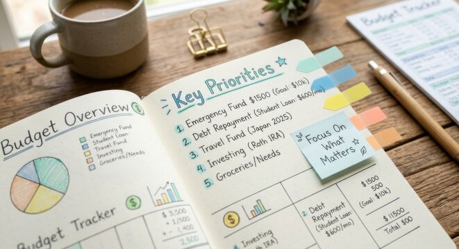 Open Notebook Detailing Financial Priorities and Goals on a Wooden Desk