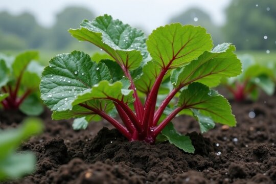 Rubarb-Pflanze mit kr&auml;ftigen roten Stielen und gr&uuml;nen Bl&auml;ttern im nat&uuml;rlichen Gartenboden