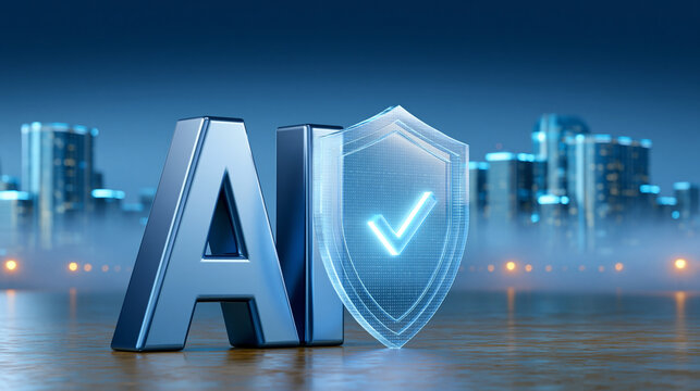 Secure artificial intelligence metallic logo with glowing digital shield symbol over evening skyline for cybersecurity.