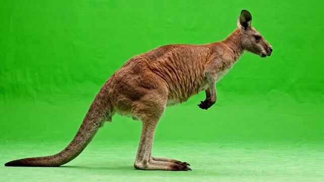 Kangaroo hopping and standing on a green screen, perfect for compositing into various projects.