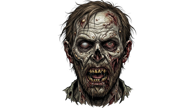 Grisly zombie head portrait with decaying skin, terrifying undead monster face, horror character for Halloween and gaming isolated PNG with Transparent Background