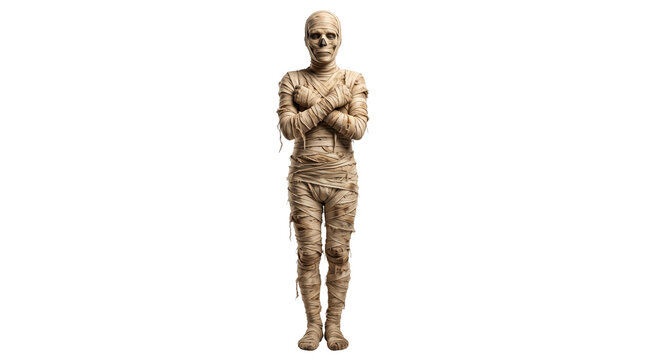 Ancient Egyptian mummy standing with crossed arms, spooky Halloween monster in linen bandages, undead creature character isolated PNG with Transparent Background