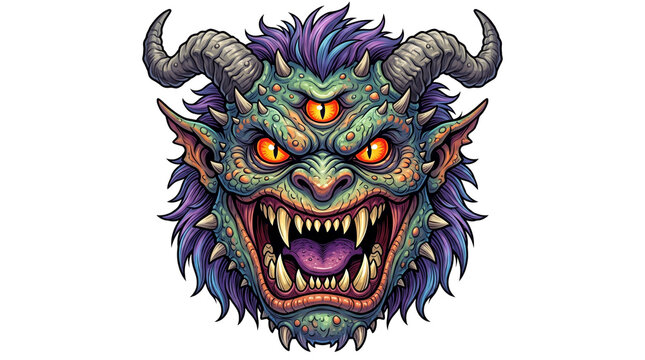 Fierce monster head with three eyes and horns, demonic creature mascot with purple fur, aggressive fantasy beast illustration isolated PNG with Transparent Background