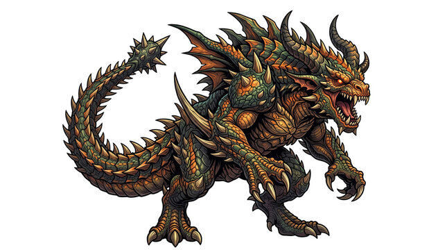 Fierce armored dragon beast, green and orange fantasy monster, aggressive mythical creature with spikes and horns for gaming isolated PNG with Transparent Background