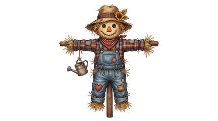 Fototapeta premium Rustic garden scarecrow character, friendly straw man in denim overalls, autumn harvest farm decoration with watering can isolated PNG with Transparent Background