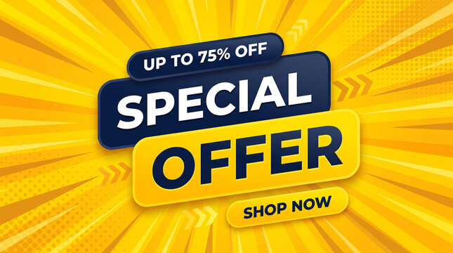 Special offer banner template with up to seventy five percent off and yellow