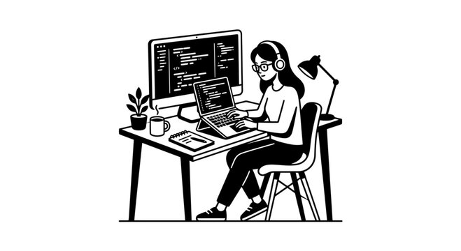 Line art of woman coding with dual monitor setup.