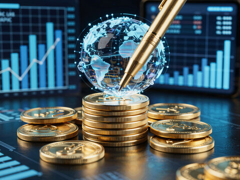 Business concept with golden pen touching holographic globe and stack
