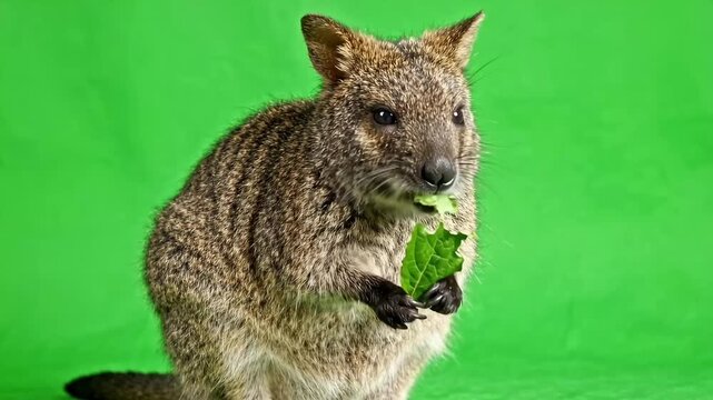 Cute Quokka Eating Green Leaf on a Green Screen Background.