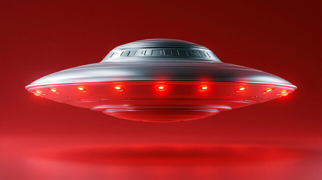 Shiny metallic alien flying saucer hovering over dark red surface with bright glowing lights for sci-fi film production.