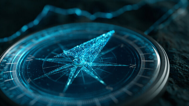 Shimmering blue magnetic compass needle pointing direction on dark surface for navigation and travel strategy concept.