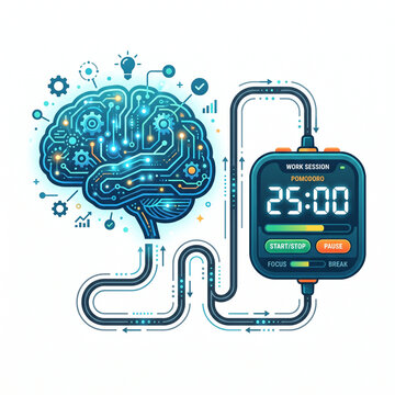 Digital brain connected to a Pomodoro timer for productivity and time management