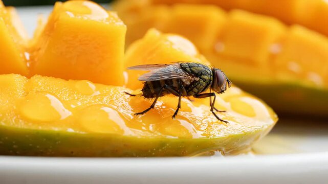 A close up video of a fruit fly, feeding on sweet ripe mango, captured in macro detail, highlighting hygiene themes for educational science projects and agriculture.