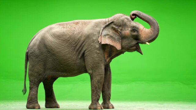 Majestic Elephant Standing and Raising Trunk on Green Screen Background.