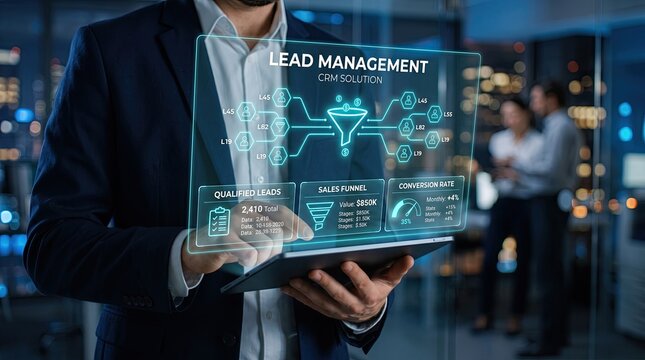 Business professional interacting with a futuristic data visualization display in a modern office