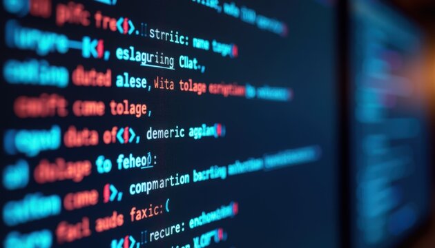 computer code on blurred monitor with colorful syntax highlighting and shallow depth of field, scrolling terminal lines with bokeh lights and focused text fragments,