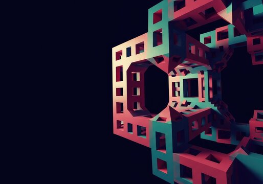 A mesmerizing visual paradox featuring impossible geometric construction, utilizing vibrant colors and deep shadows to simulate endless complexity, disorientation, depth, background