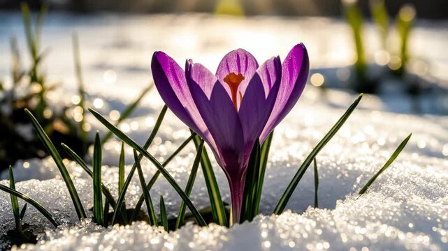 Purple crocus bud emerging from sparkling snow in golden light