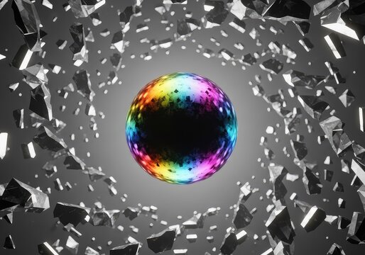 A metallic sphere floats while the surrounding environment breaks apart and fades into nothingness, focusing attention on the main subject, vanishing, isolation, disintegration