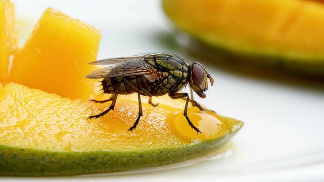 Macro close-up shot capturing a housefly feeding on fresh yellow mango slice, hygienic danger, studio lighting, sharp focus, educational science b-roll video footage.