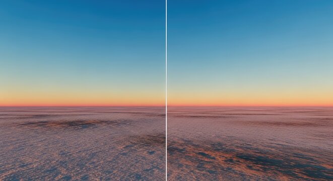 A simple, dramatic composition showing the unbroken line where the infinite open sky meets the blank landscape below, symbolizing endless possibility, travel, uninterrupted, space