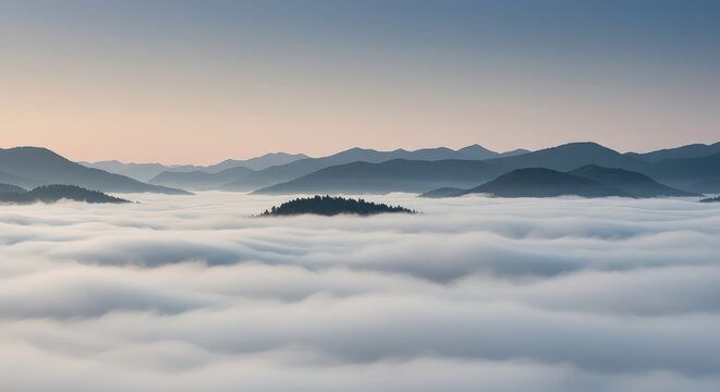 A thick layer of atmospheric haze obscures the distant mountainous landscape, creating a soft, ethereal, and mysterious background effect, diffused, mystery, misty