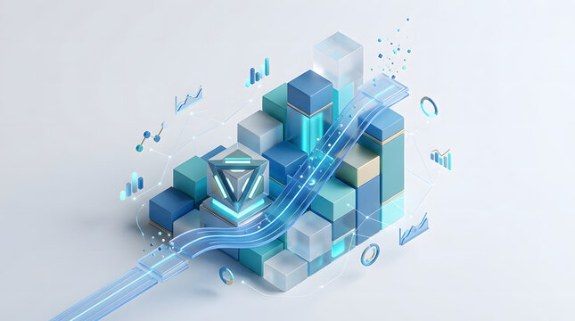 Abstract 3D data blocks with digital flow lines representing cloud computing and analytics.