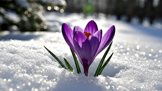 Purple crocus flower blooming in sparkling snow on a sunny day