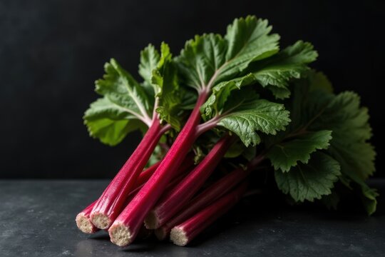 Rubarb-Stangen mit gro&szlig;en gr&uuml;nen Bl&auml;ttern vor schwarzem Hintergrund, minimalistische Lebensmittelaufnahme