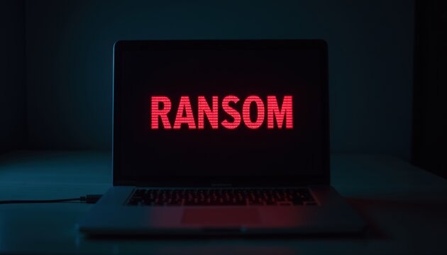 Ransomware alert displayed on laptop screen, glowing red ransom text over dark desk, ransomware alert signaling encrypted files and cyber extortion,
