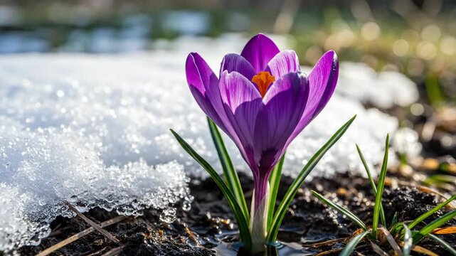 Purple crocus flower bud emerges from melting snow in spring
